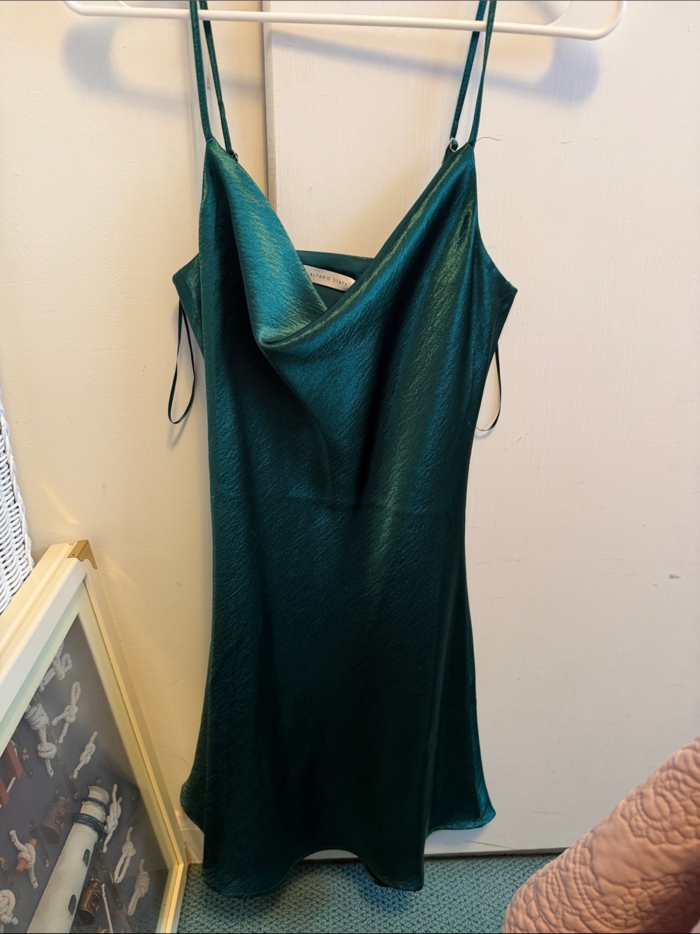 Altar'd State Teal Satin Cowl Slip Dress
